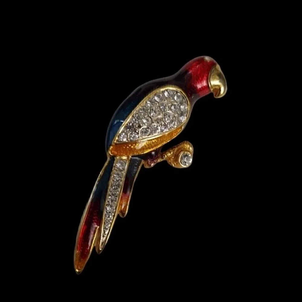 Parrot Rhinestone Bling Brooch Pin Goldtone Red Blue